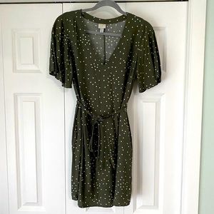 Olive polka dot tie waist dress